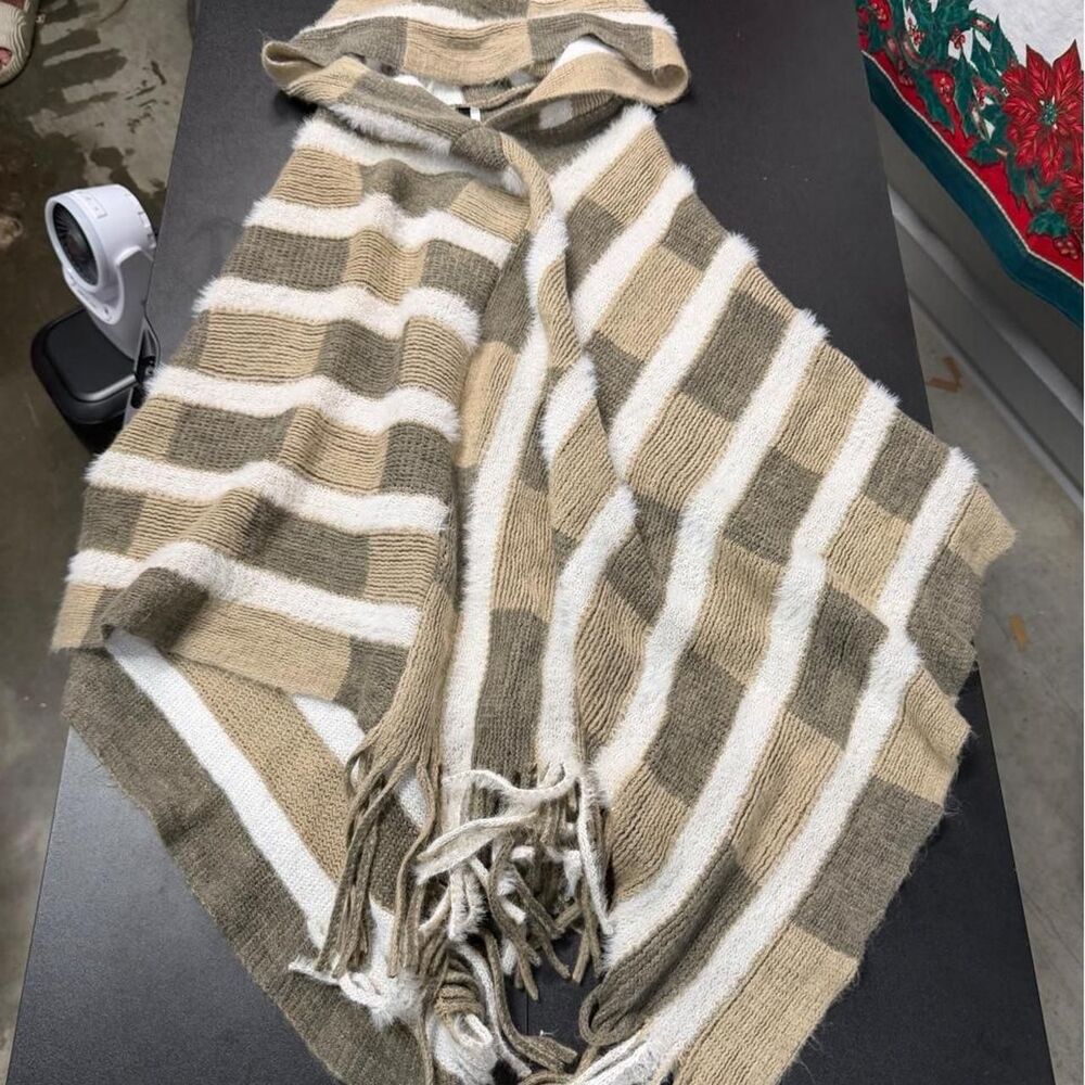 Pink Delicious white and beige striped poncho